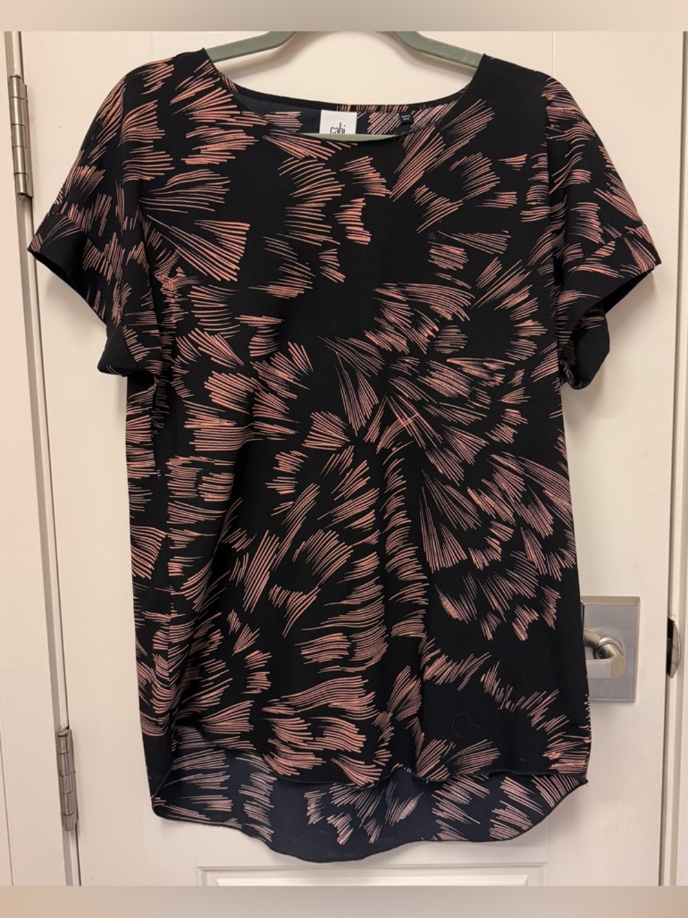 CAbi Black Blouse with Dusty Rose Abstract Print - Short Sleeve